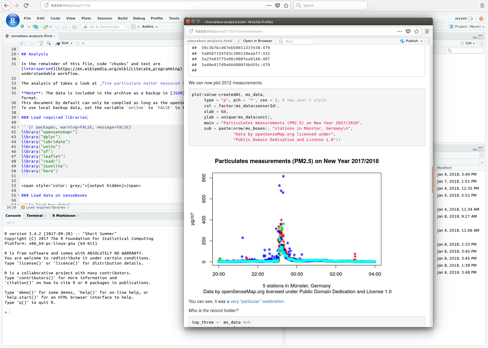 screenshot of senseBox-Binder analysis in RStudio